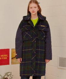 (CT-19703) CHECK SLEEVE QUILTING COAT GREEN