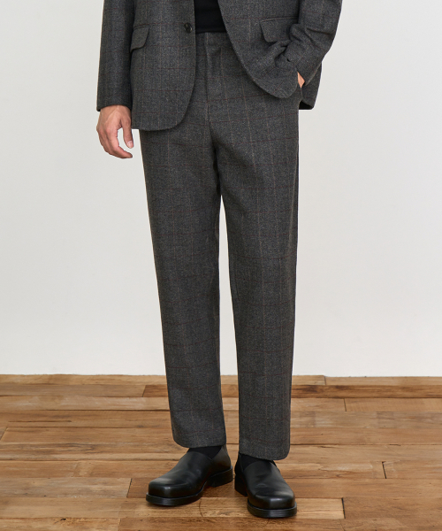 프레리(prairie) 울 헤링본 체크 와이드 슬랙스 (CHARCOAL)