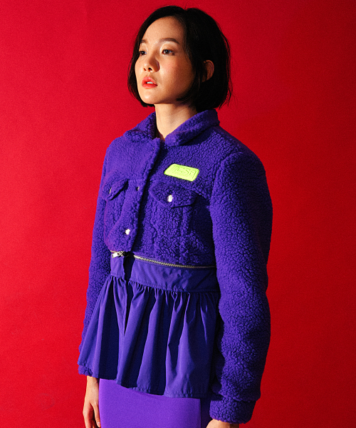 [WOMEN] Faux-Shearling Detachable Skirt Trucker Jacket (Purple)