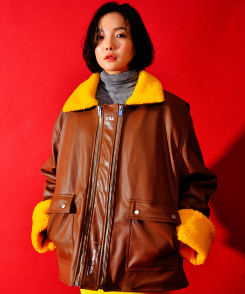 [UNISEX] Faux-Shearling and Leather Coat (Brown)