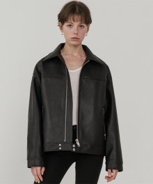 Overfit front zipper leather jacket