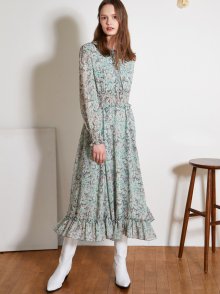 GREEN PRINTING RUFFLE LONG DRESS