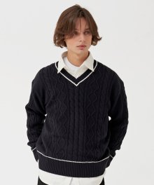 유니섹스 에센셜 브이넥 라인 스웨터 니트 네이비