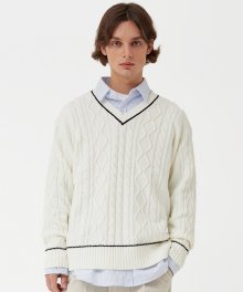 유니섹스 에센셜 브이넥 라인 스웨터 니트 아이보리