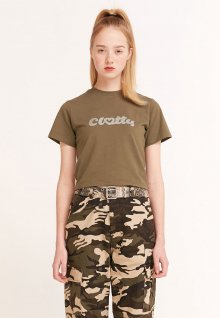 HEART CLOTTY GLITTER CROP T-SHIRT KHAKI(CY2AMFT505A)