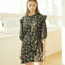 FLORAL FRILL WRAP ONE-PIECE_BLACK