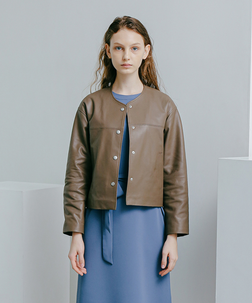 Кожаная куртка без воротника из овчины (Khaki Brown)