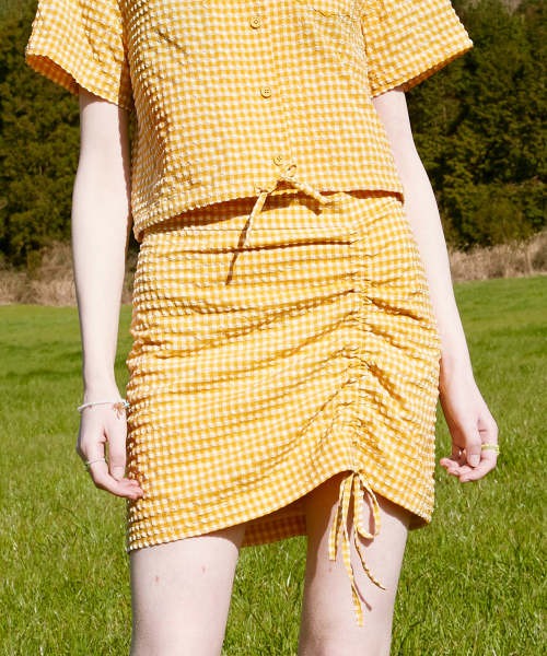 로라로라() (SK-20349) SET-UP CHECK SHIRRING SKIRT MUSTARD 상품 이미지