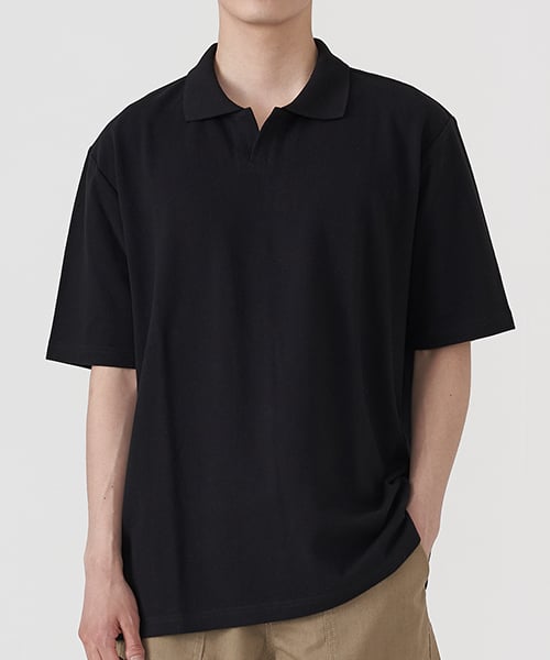 토피(toffee) 오픈카라 피케 루즈핏 반팔티 (BLACK)