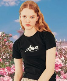 Cursive small logo crop T-shirts_BK