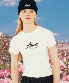 Cursive small logo crop T-shirts_WH