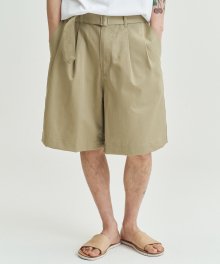 Silky Wide Short Belted Pants [Beige]