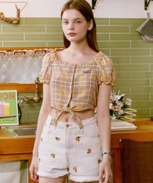 (BL-20322) CHECK TIED-UP PUFF-SLEEVE SHIRT YELLOW