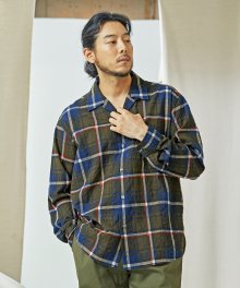 CHECKED OPEN COLLAR SHIRT _ OLIVE