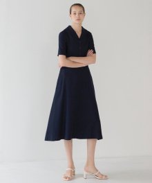 Collar Shirring Dress - Navy