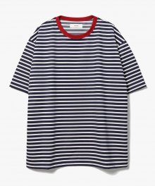 Point Neck Stripe T-Shirts [Navy/Red]