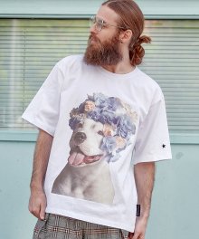 플라워 핏불 테리어 반팔 티셔츠 - 화이트