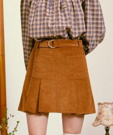 (SK-20546) CORDUROY BELT PLEATS SKIRT BROWN