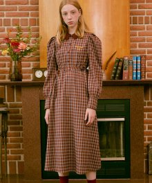 (OP-20516) CHECK PUFF-SLEEVE LONG ONE-PIECE BURGUNDY