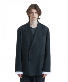 LIFUL CUT-OFF DOUBLE BREASTED BLAZER charcoal/stripe