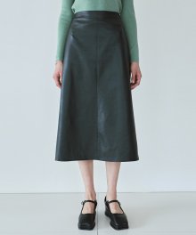 Leather Flare Long Skirt_Black