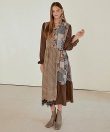 Shirring Multi Pattern Dress  Brown