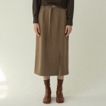 Belted Slit Wool Skirt-Brown