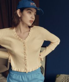 Frill V Neck Knit Cardigan in Yellow_VK0WD2700