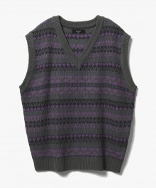 Fair Isle V-Neck Knit Vest [Charcoal]