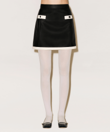 COLOR BLOCK FAUX LEATHER SKIRT [BLACK]