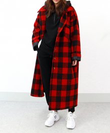 [UNISEX] Wool check long jacket - red