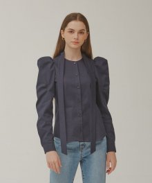 Bow collar shirt blouse with voluminious sleeve detail(Navy)