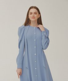 Bow collar shirt dress with voluminious sleeve(Blue Gray)