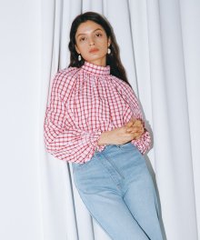 BACK RIBBON HIGH NECK CHECK BLOUSE_PINK (EEOO1BLR03W)