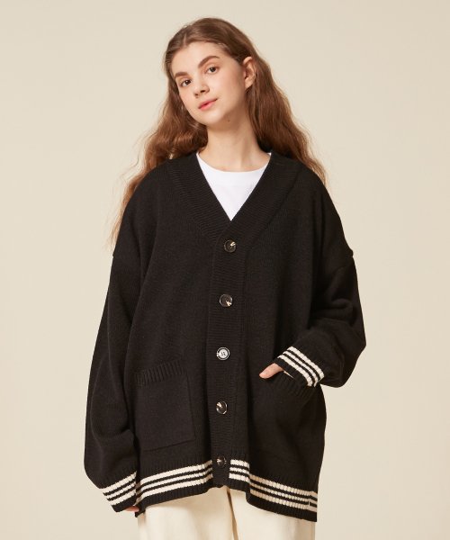 MUSINSA | BLOND9 THREE LINES POINT HEM KNIT CARDIGAN_BLACK