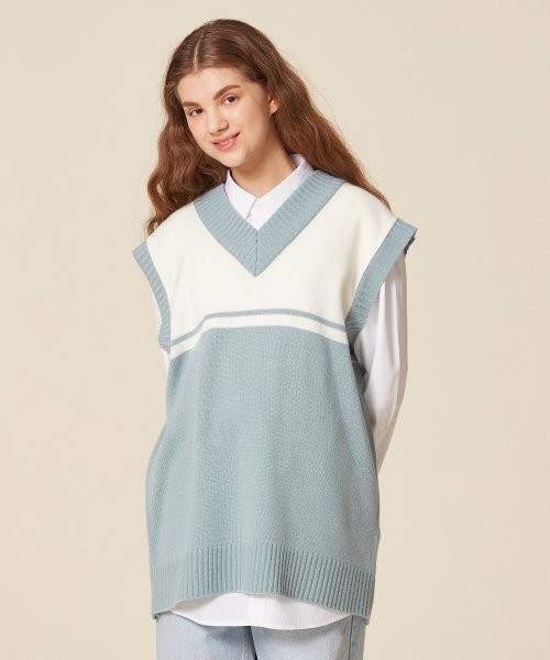 V NECK COLORATION KNIT VEST_SKY BLUE