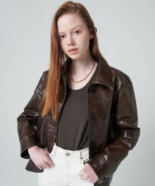 Bari Crop Leather Jacket (Brown)