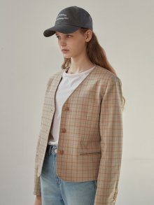 Check Collarless crop jacket (beige)