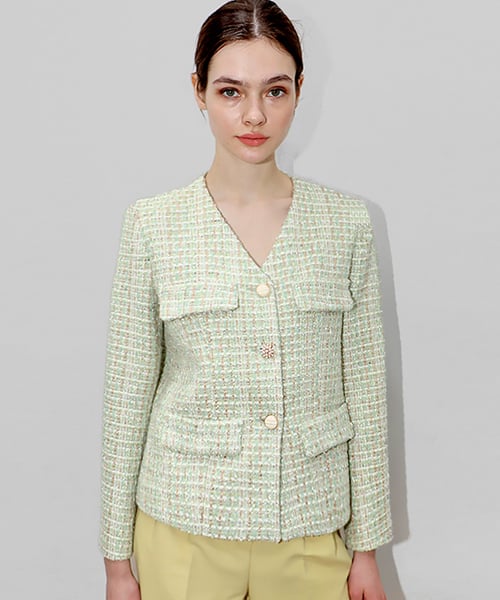 그린 트위드 브이넥 자켓_Green Tweed V neck JK