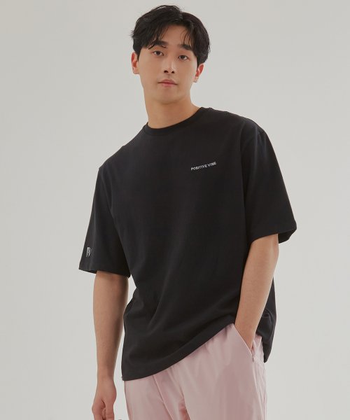 포지티브 바이브(positivevibe) [UNISEX] Logo-embroidered oversized cotton-jersey T-shirt(Black)