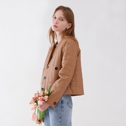 LAMB SKIN QUILTING NO COLLAR CROP куртка CAMEL