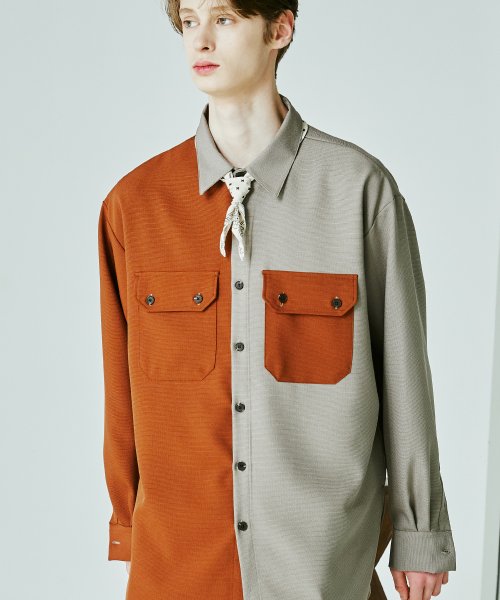 에스에스와이(ssy) 하프앤하프 솔리드 플렛포켓 셔츠 블랙 브라운&다크베이지