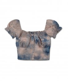 CHECK TIE-DYE PUFF SLEEVE BLOUSE [BLUE/PINK]