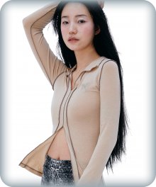 COLOR CONTRAST STITCH COLLARED TOP [BEIGE]