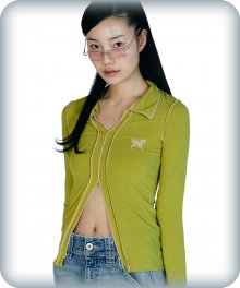 COLOR CONTRAST STITCH COLLARED TOP [OLIVE]