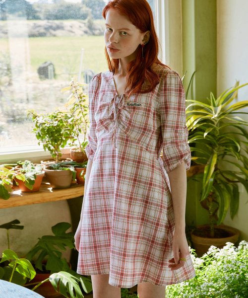 rolarola★CHECK SHIRRING PUFF-SLEEVE ONE-PIECE _2色 OP-20313 로라로라(ROLAROLA) (OP-20313) CHECK SHIRRING PUFF-SLEEVE ONE