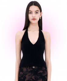 Knitted Cable Halter Top Black