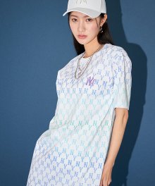 여성 모노그램 컬러 미디 반팔 원피스 NY (BLUE)
