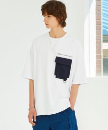 [수피마] 화이트 세미 오버핏 화섬 패치 포켓 반팔 티셔츠 IETS1E402WT