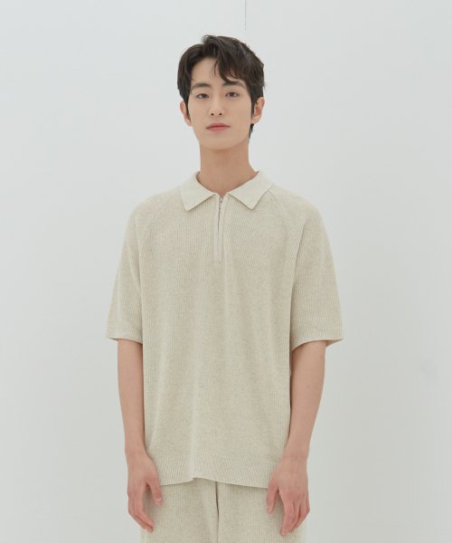 Zipper Collar Short Sleeve Knit Beige